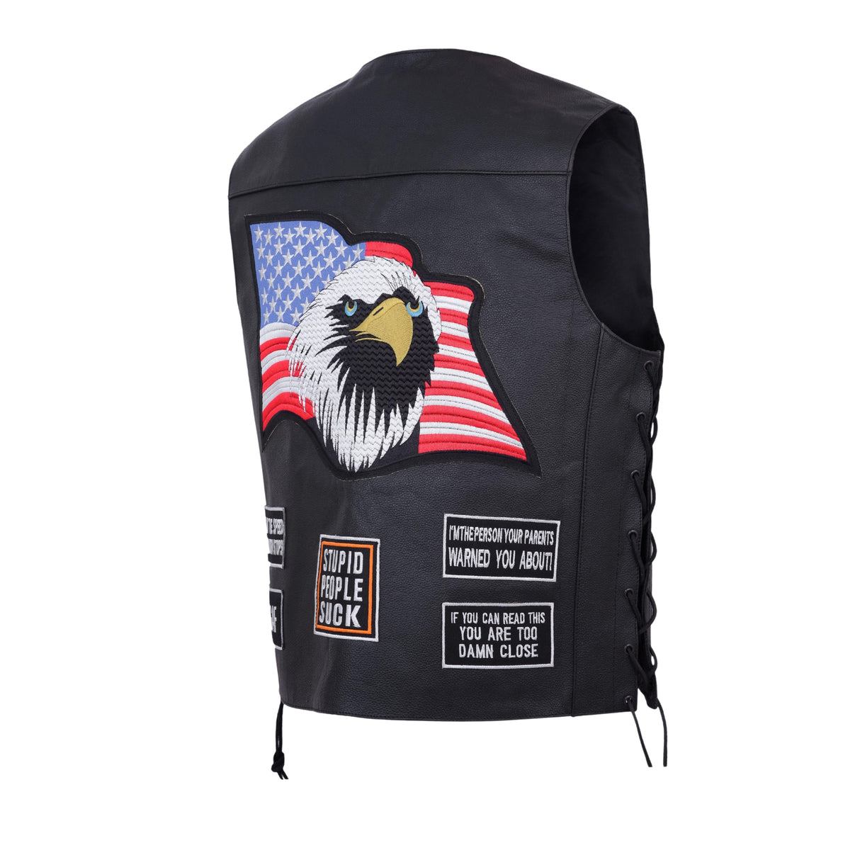 Men's black leather biker vest, back with eagle-and-flag graphic and patch accents