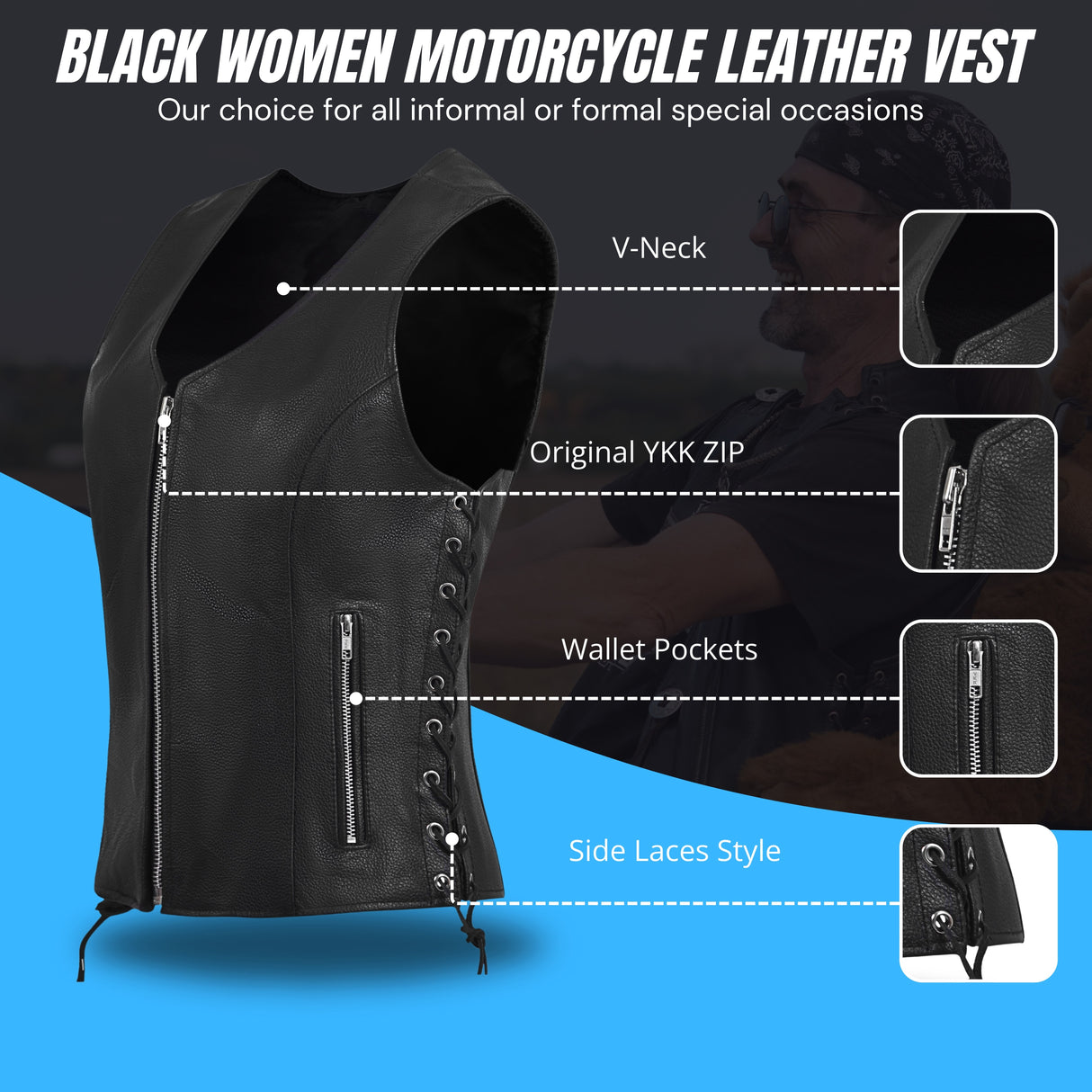 WCWV55841SPT Black Women's Side Lace Front Zipper leather motorcycle Vest