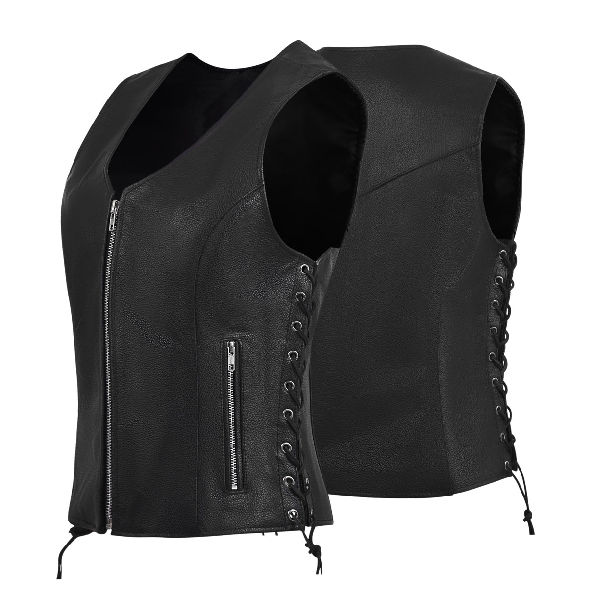 WCWV55841SPT Black Women's Side Lace Front Zipper leather motorcycle Vest