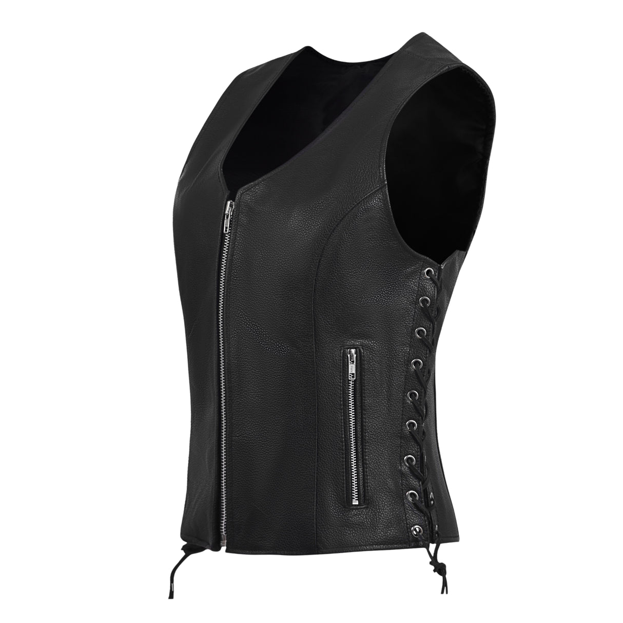 WCWV55841SPT Black Women's Side Lace Front Zipper leather motorcycle Vest