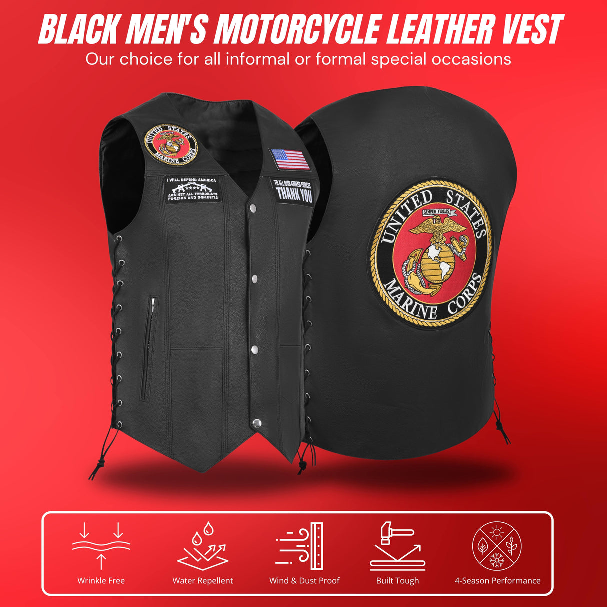 Marine Black Men's Genuine 7 Pocket Motorcycle Biker Leather Vest