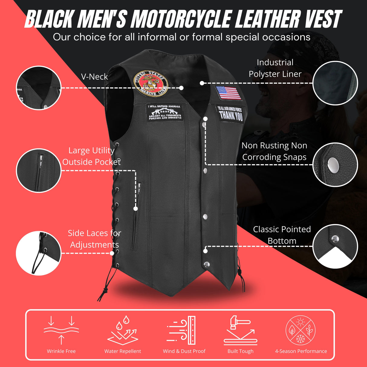 Marine Black Men's Genuine 7 Pocket Motorcycle Biker Leather Vest