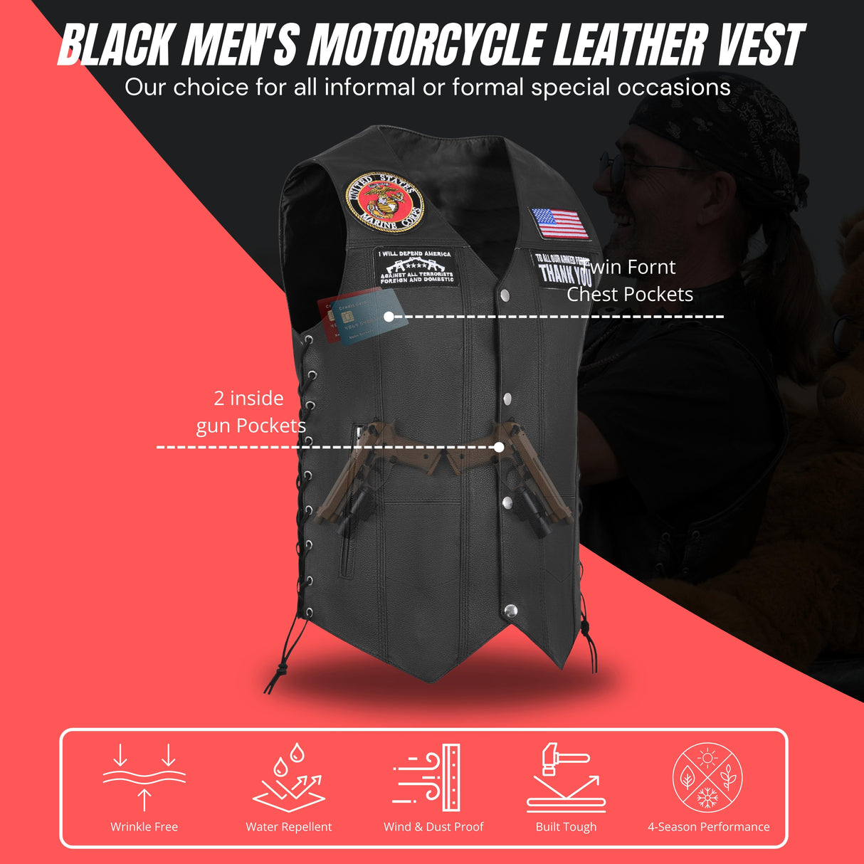 Marine Black Men's Genuine 7 Pocket Motorcycle Biker Leather Vest