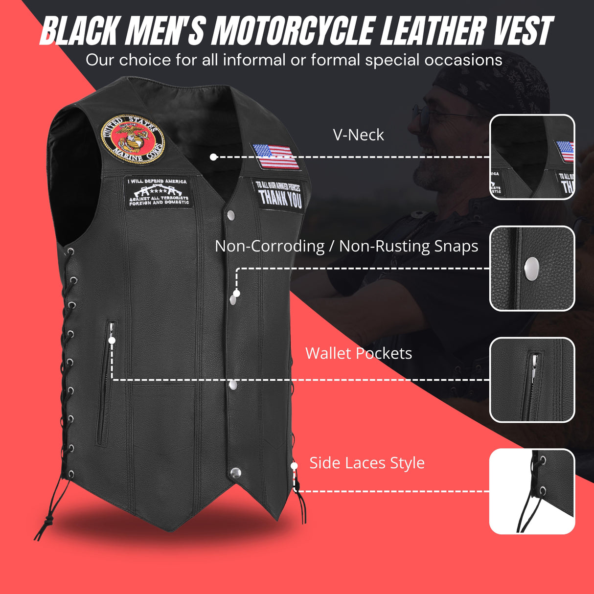 Marine Black Men's Genuine 7 Pocket Motorcycle Biker Leather Vest