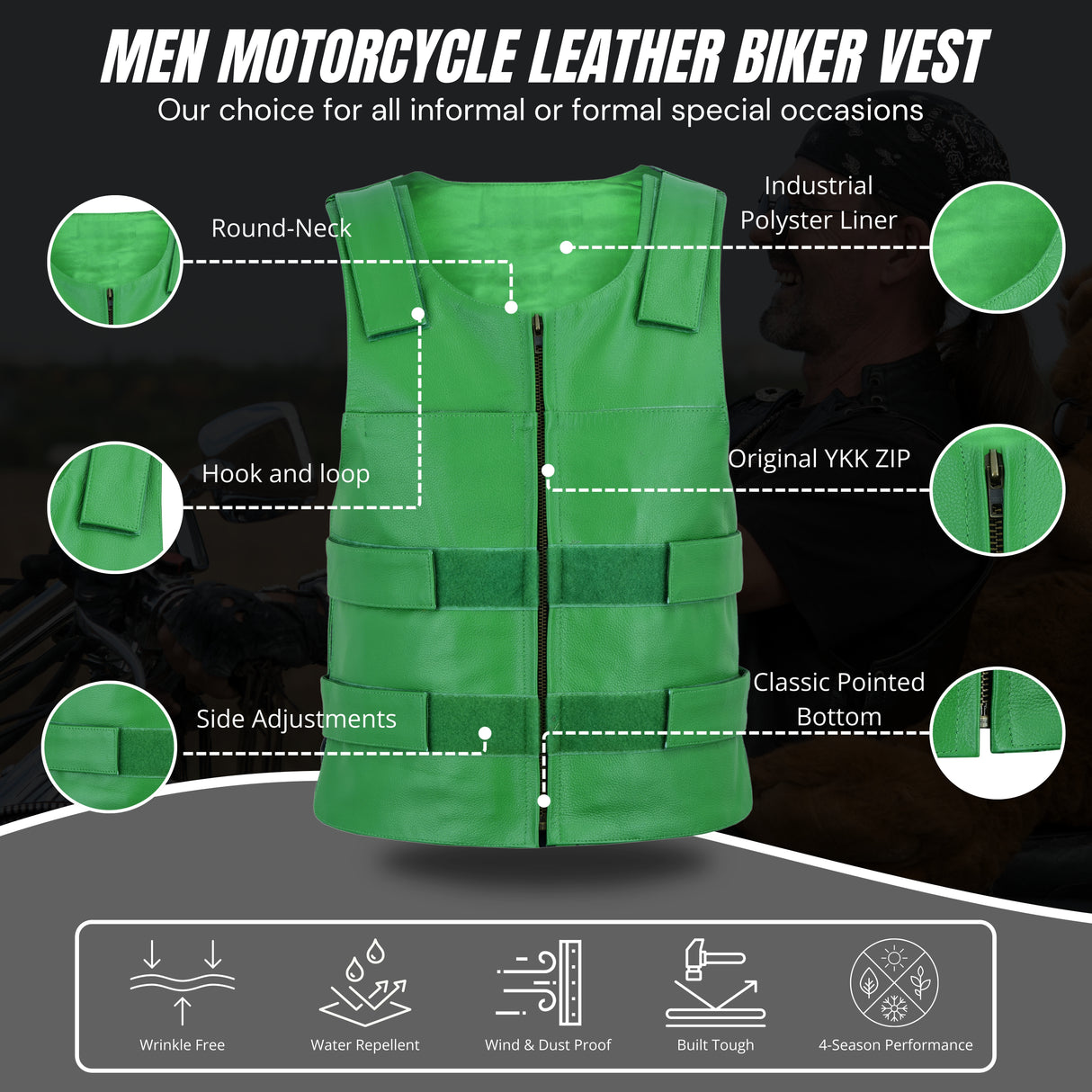 Men's green tactical zip-front vest with chest pockets and hook-and-loop side belts