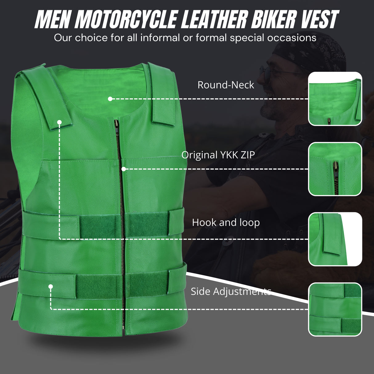 Men's green tactical zip-front vest with round neck and multiple chest panel pockets