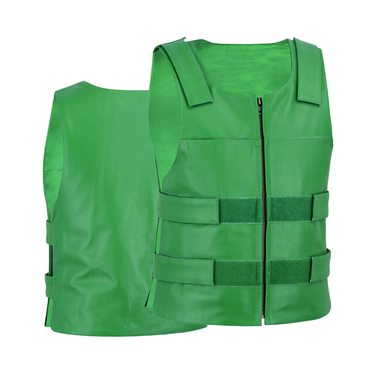 Men's green tactical vest with zip front, shoulder tabs, and panel belt straps