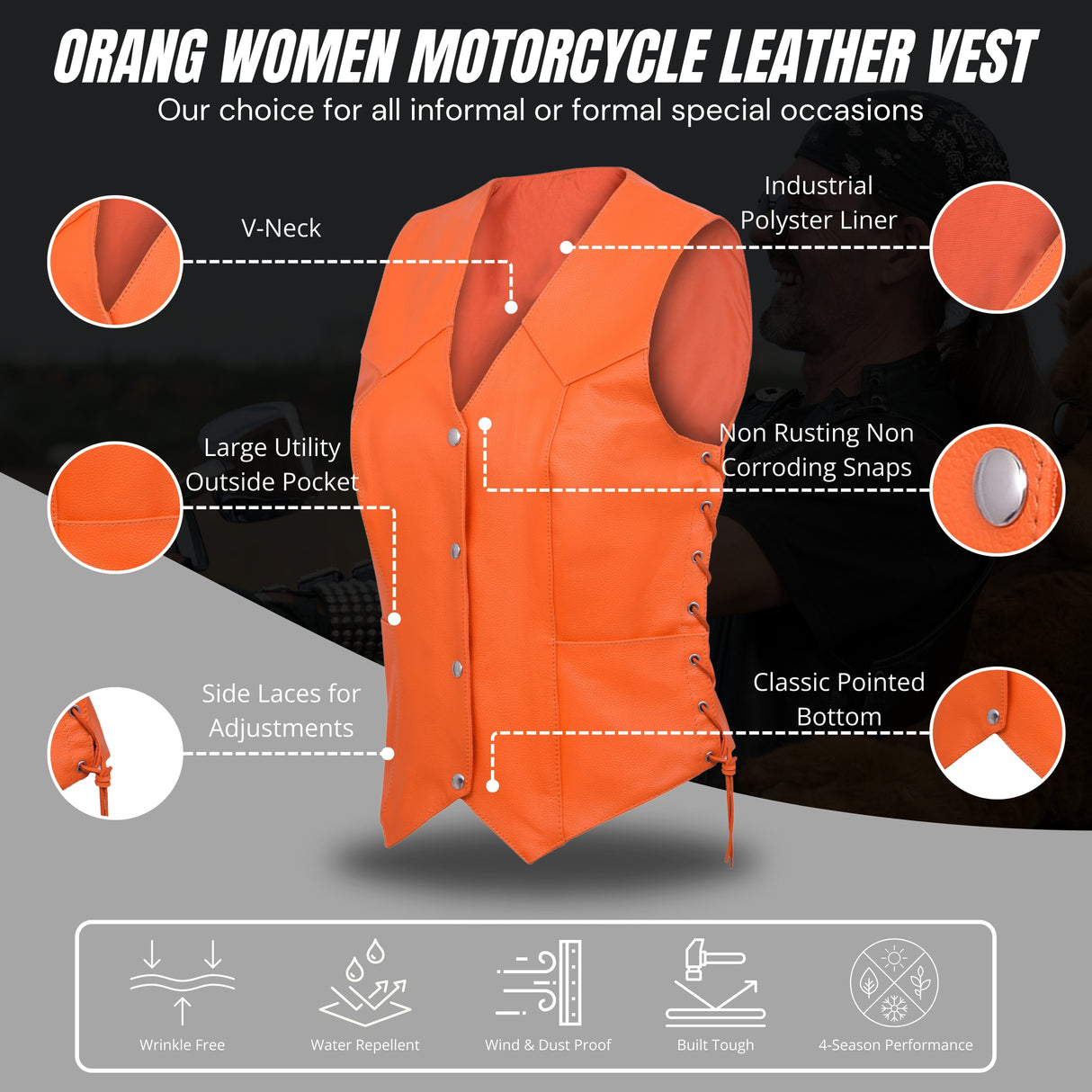 Women's Orange Motorcycle Leather Vest