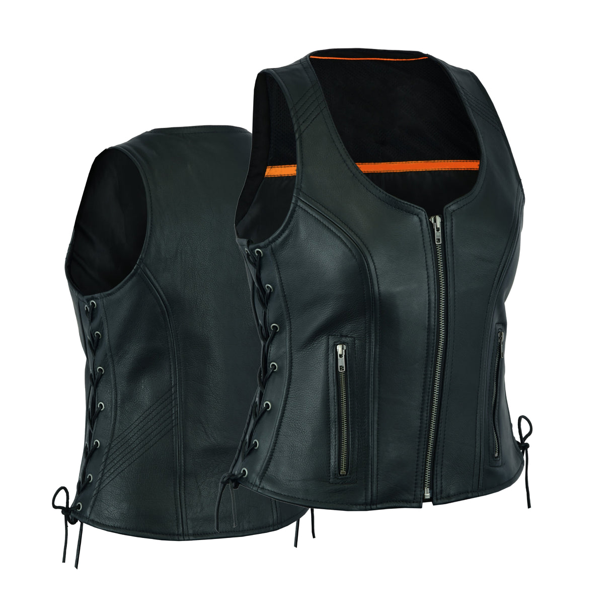 Women's Black ‘Open Neck’ Motorcycle Side Laces Leather Vest