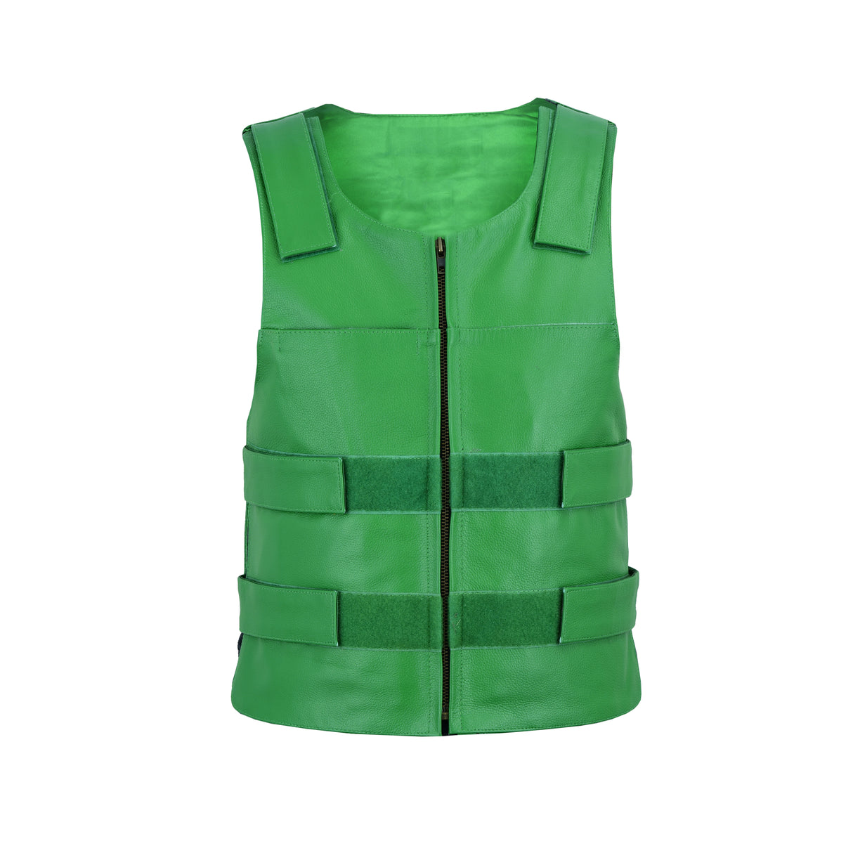 Men's green tactical zip-front vest with round neck and padded belt panel design