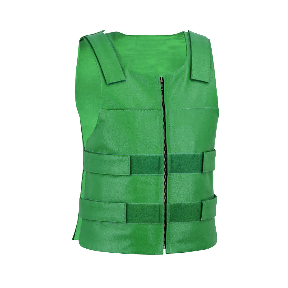 Men's green tactical vest with vertical zip, chest pockets and segmented front armor panels