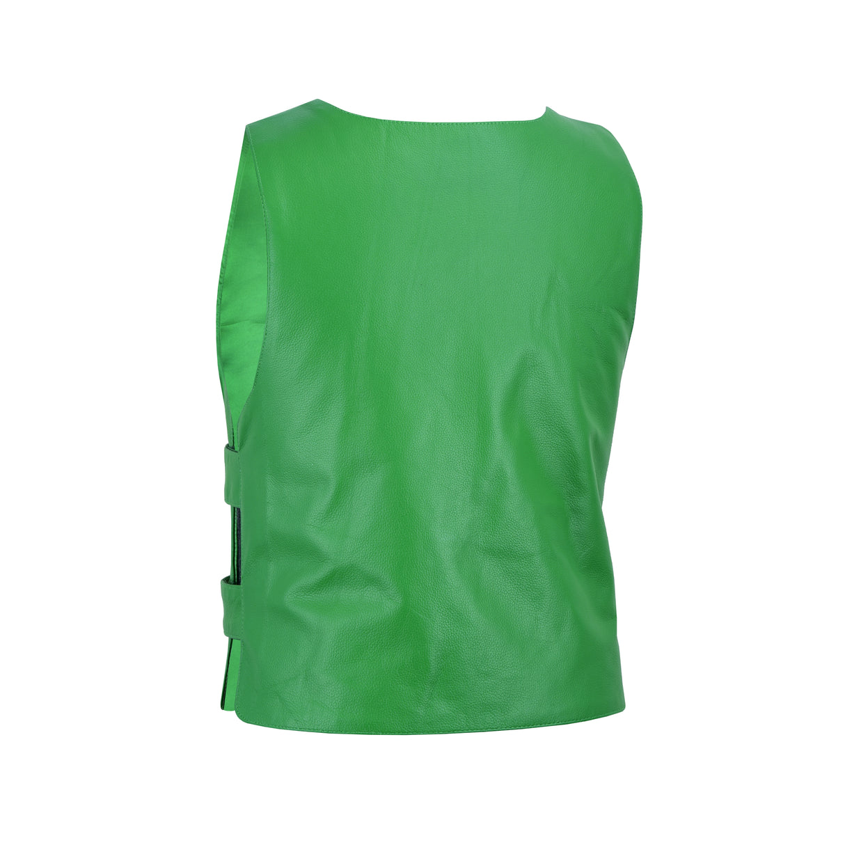 Men's green tactical vest back view with high collar and side strap openings