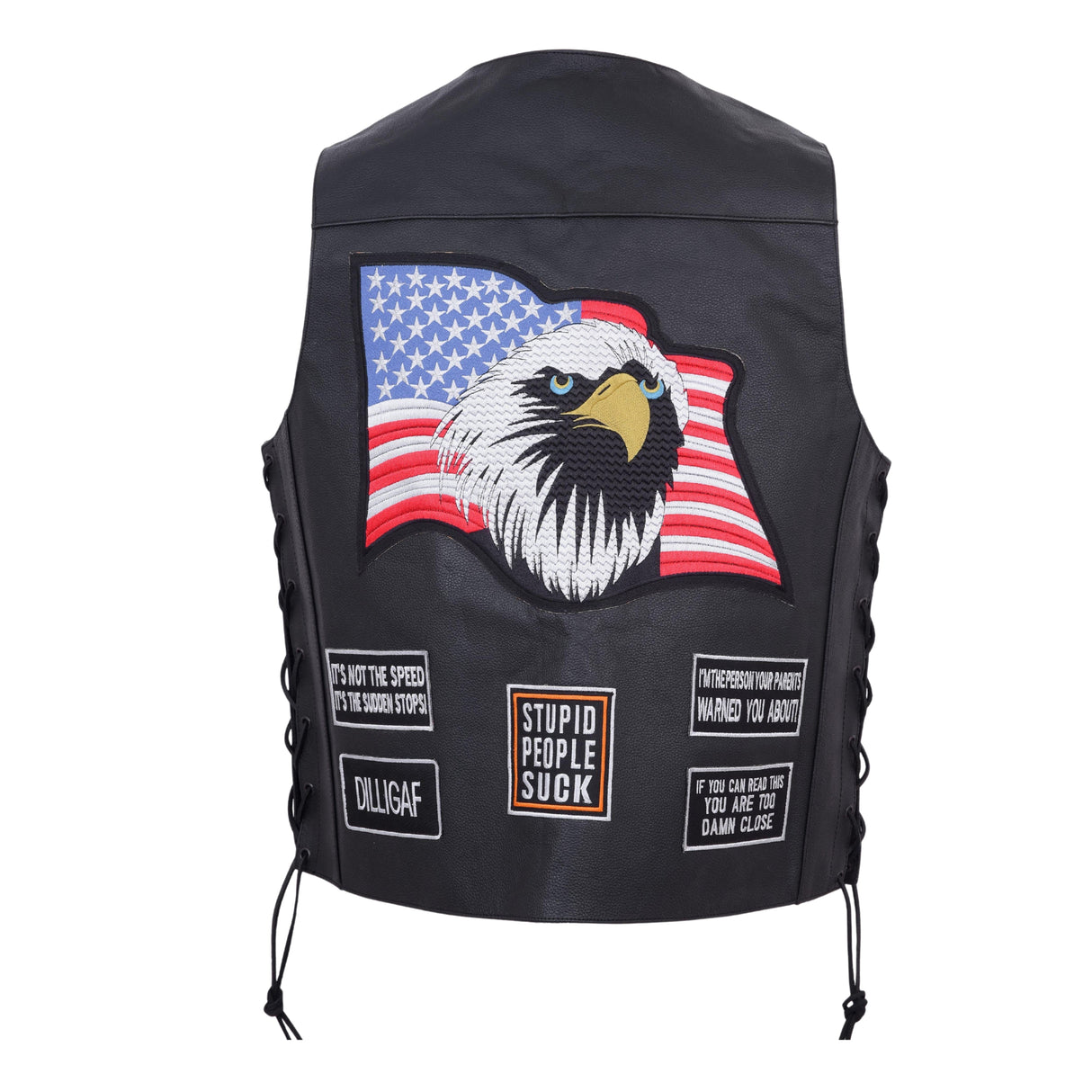 Men's black leather biker vest, back panel with eagle-and-flag graphic and patches