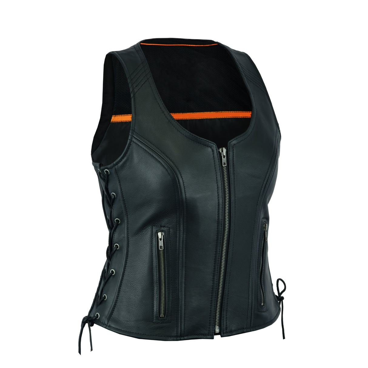 Women's Black ‘Open Neck’ Motorcycle Side Laces Leather Vest