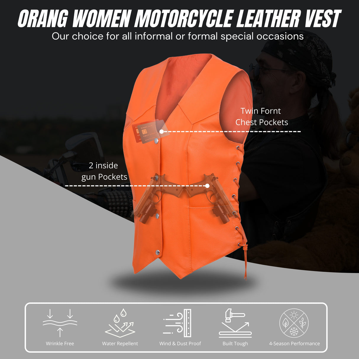 Women's Orange Motorcycle Leather Vest