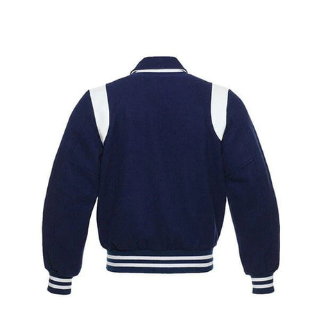 Navy Blue Wool Varsity Jacket With white Shoulder Inserts