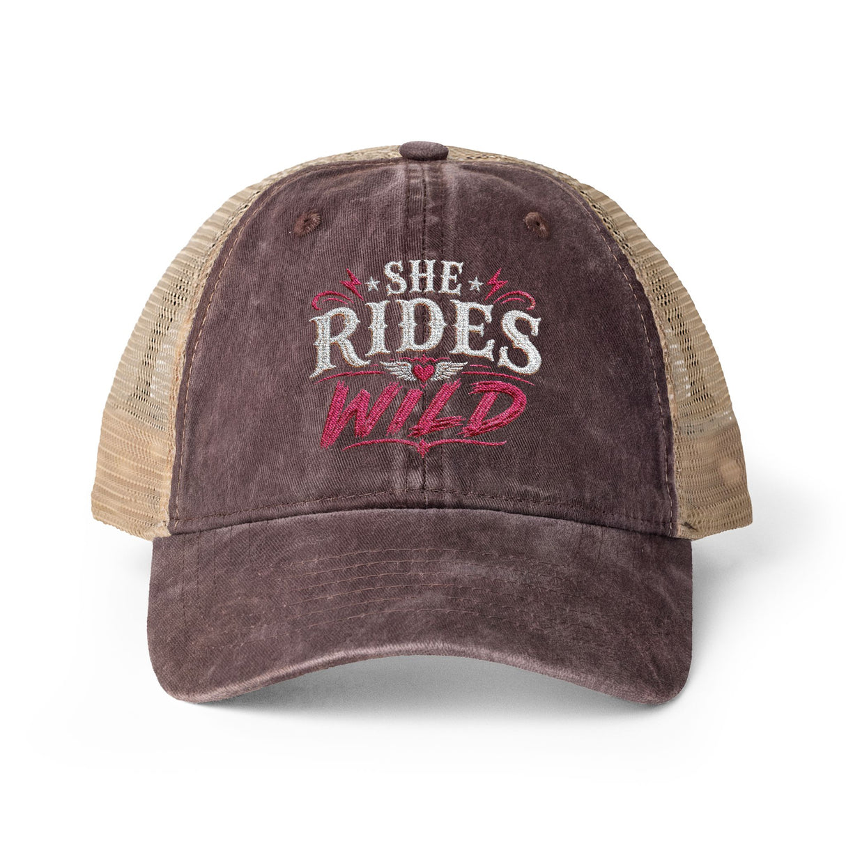 Women's Washed Mesh-Back Cap She Rides Wild Embroidered