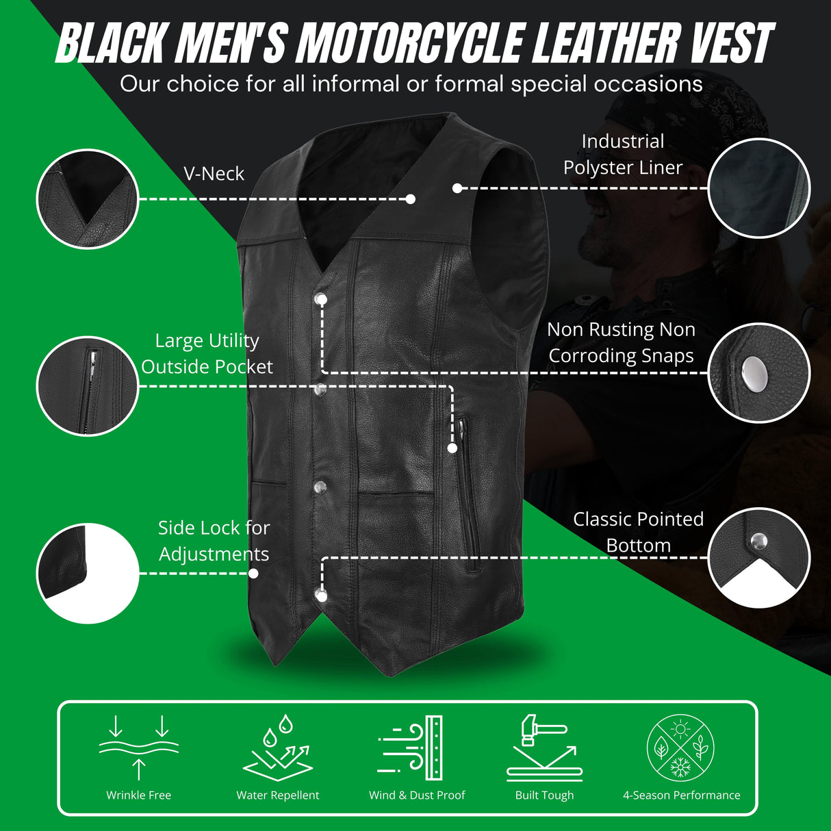 Black leather v-neck vest with utility pockets and adjustable side-lock design.