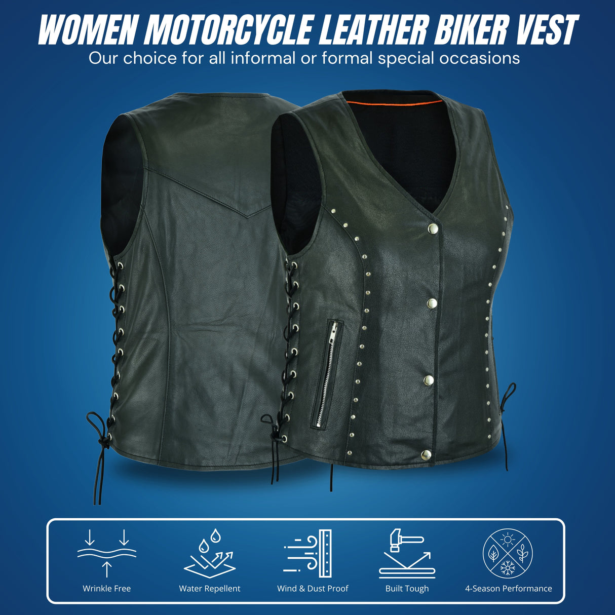 WCWV15841NKD Naked Women's Lace up side leather motorcycle vest