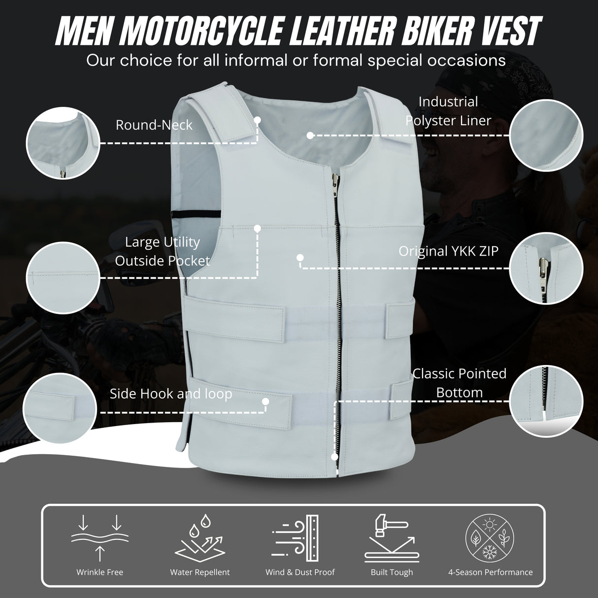 Men White Bullet Proof Style Leather Vest For Bikers Club.