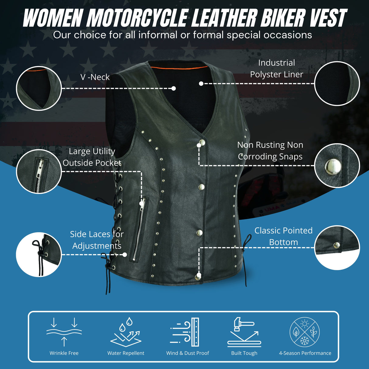 WCWV15841NKD Naked Women's Lace up side leather motorcycle vest