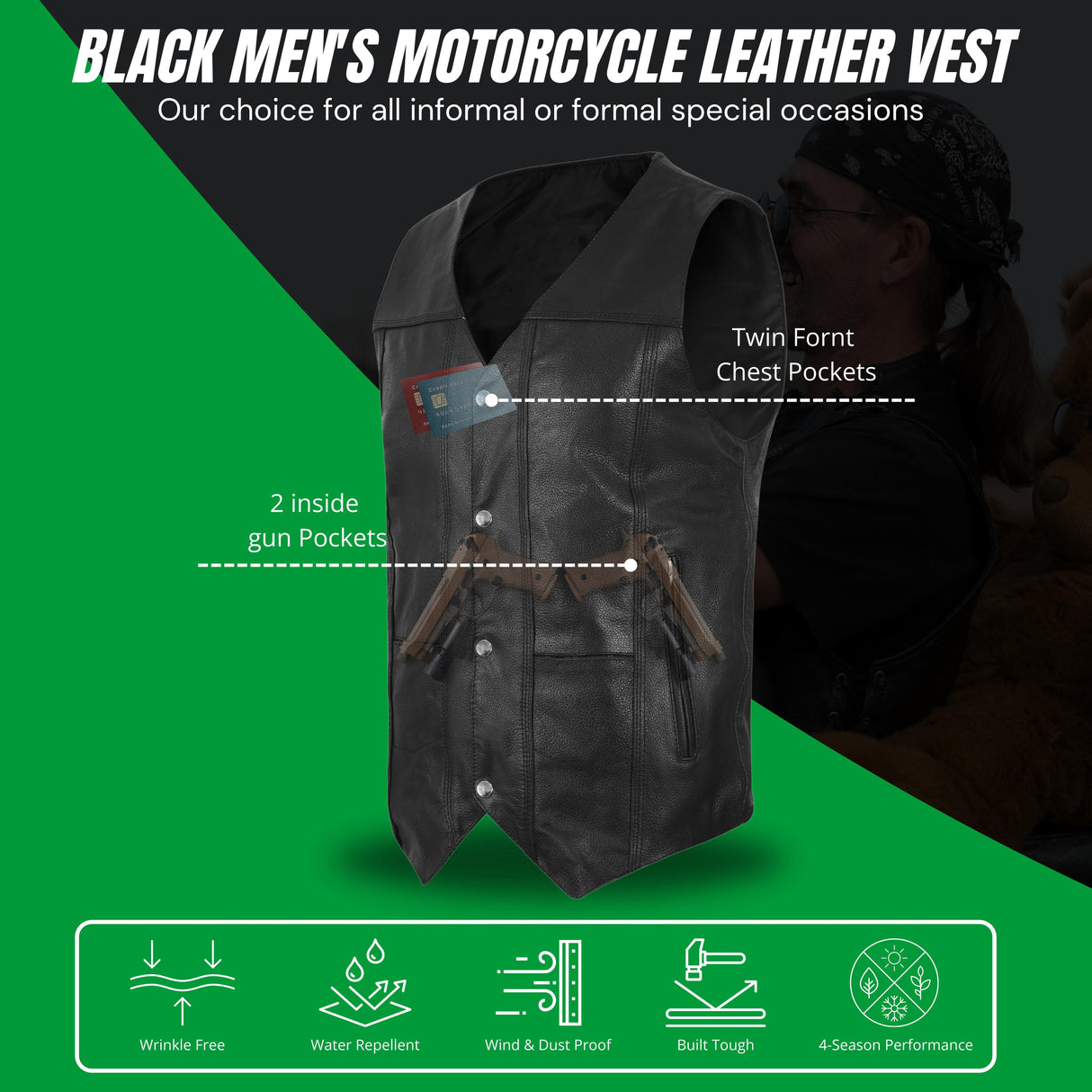 Black leather v-neck vest with twin front chest pockets and snap closure.