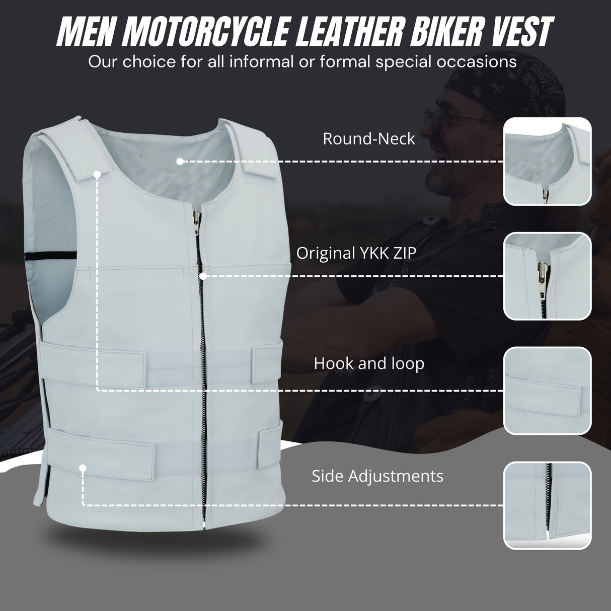 Men White Bullet Proof Style Leather Vest For Bikers Club.