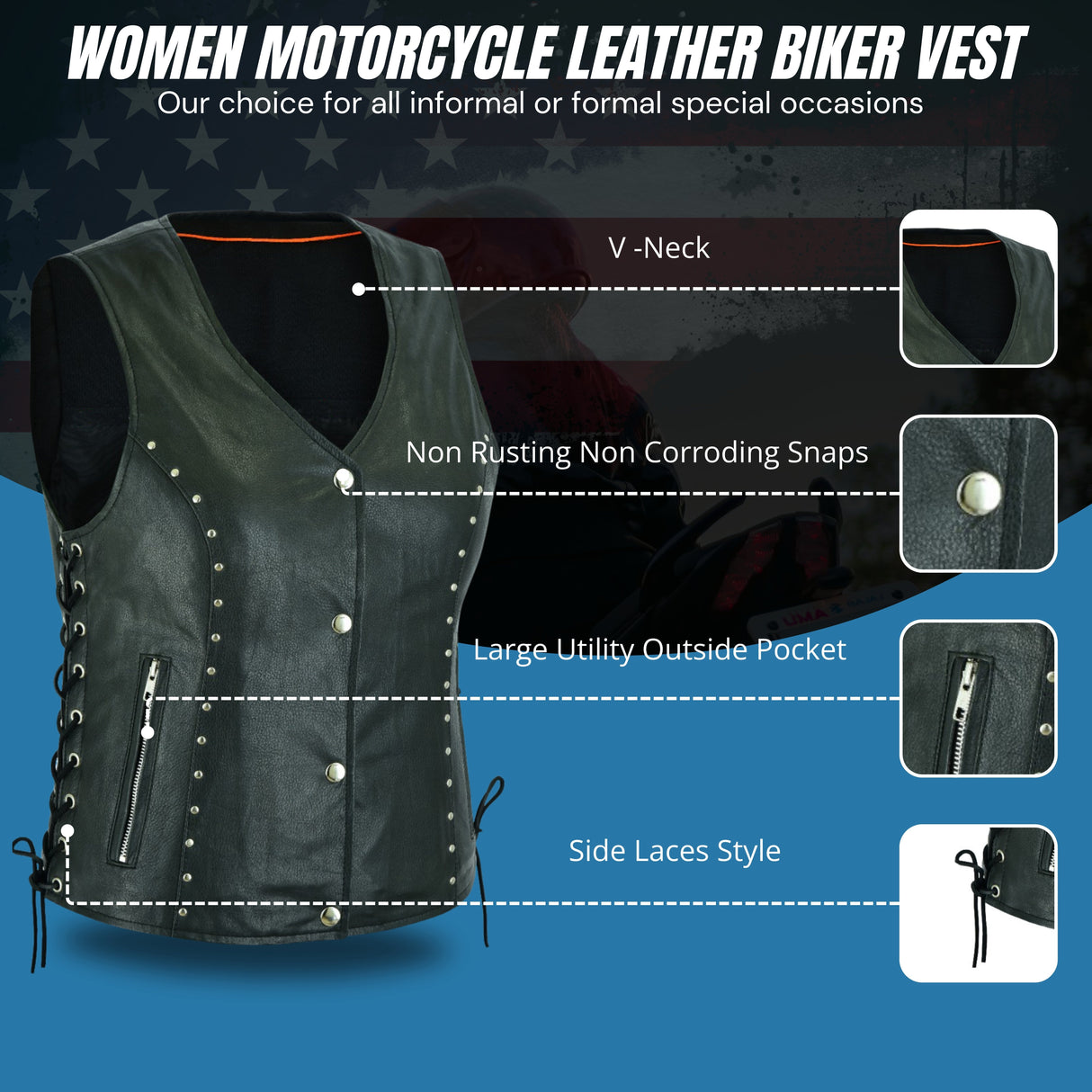 WCWV15841NKD Naked Women's Lace up side leather motorcycle vest
