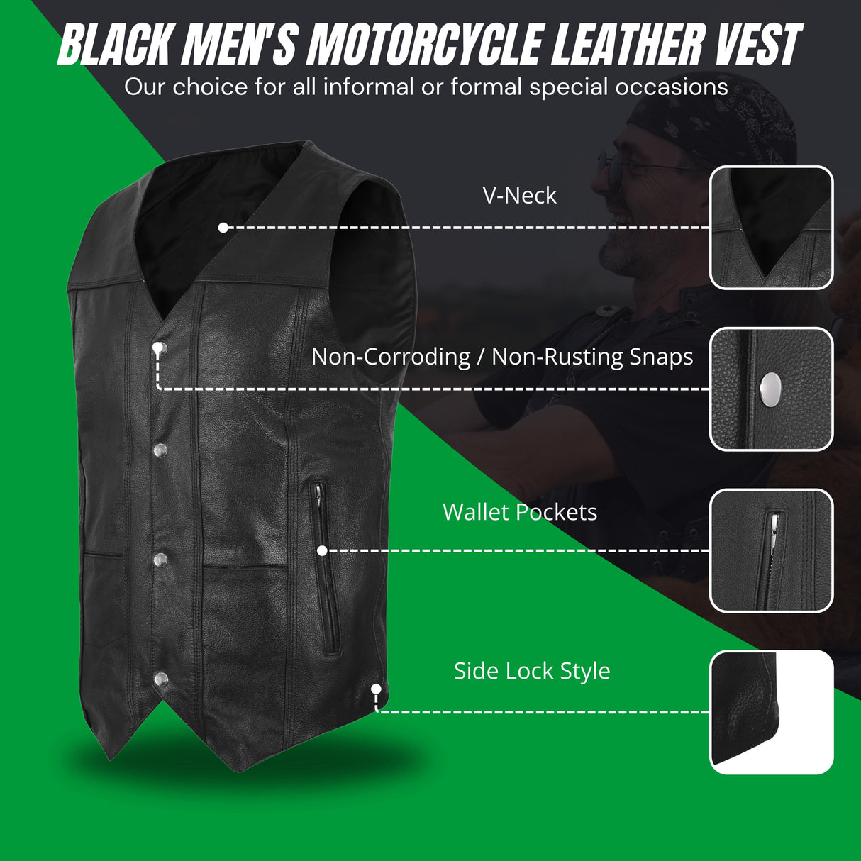 Black leather v-neck vest with wallet pockets and side-lock style.