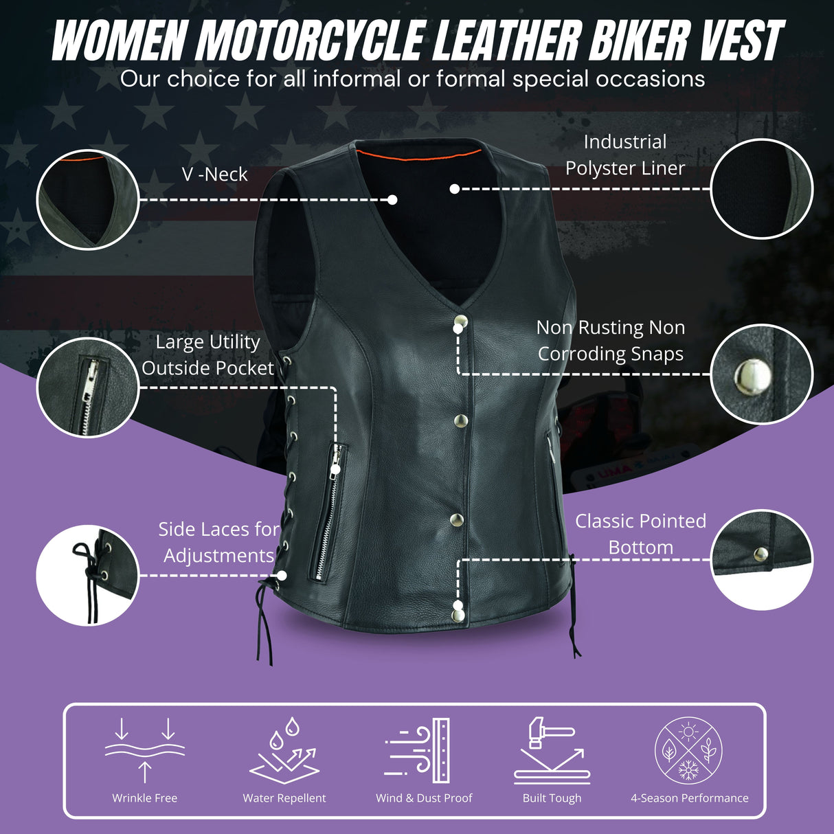 Black Women's Lace up side leather motorcycle vest