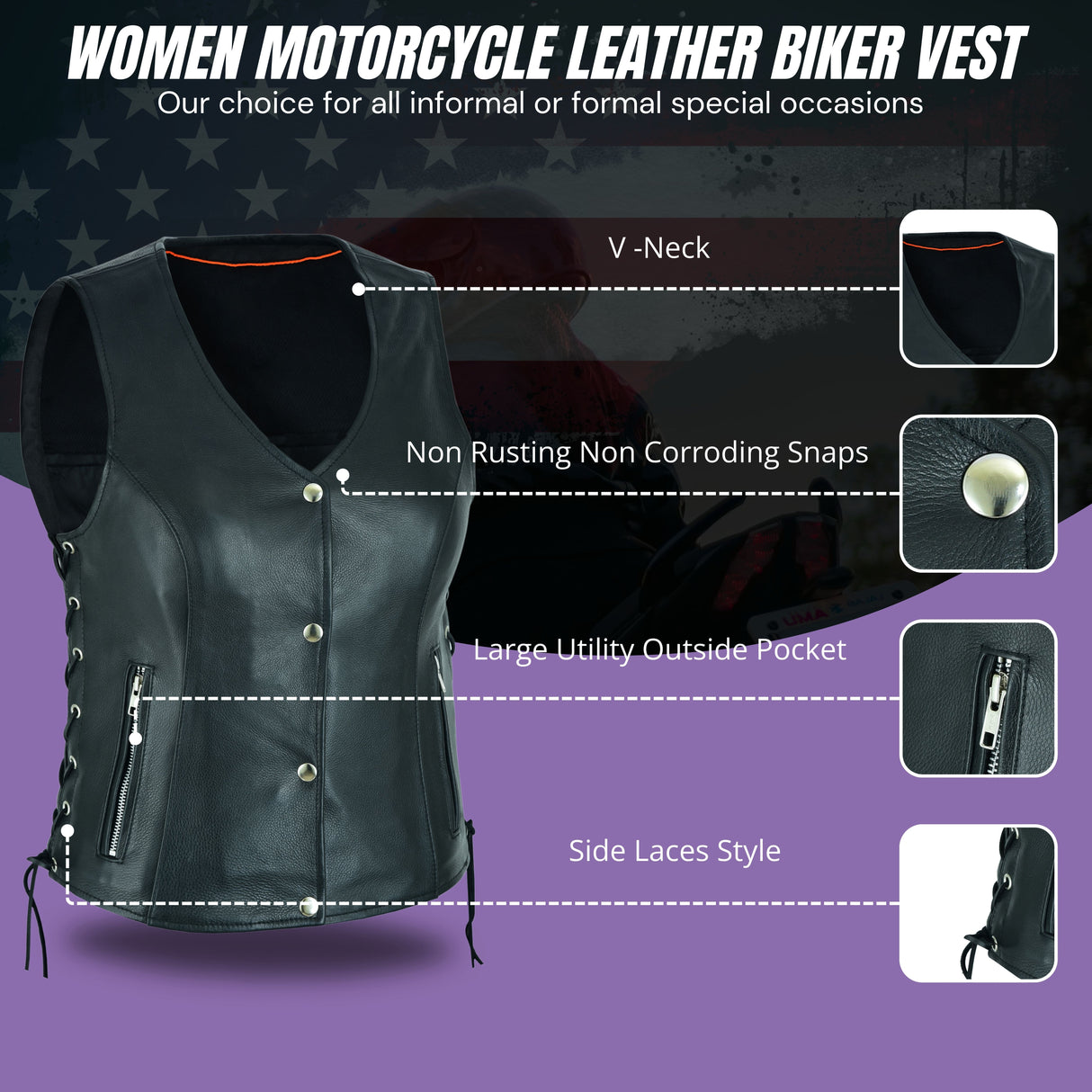 Black Women's Lace up side leather motorcycle vest