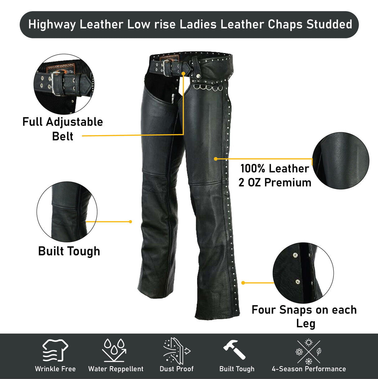 Low rise Ladies Motorcycle Leather Chaps Studded Women Biker
