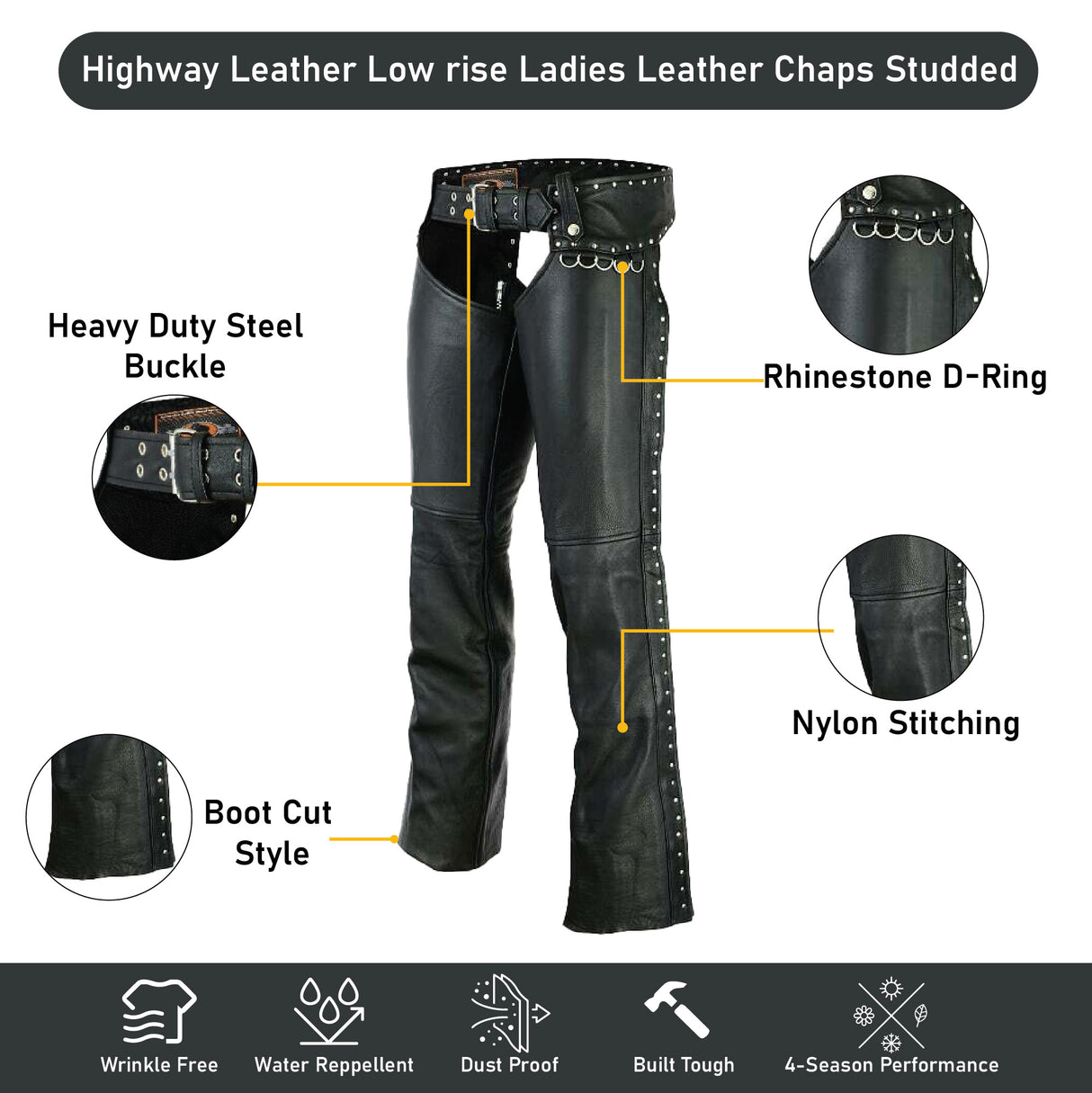 Low rise Ladies Motorcycle Leather Chaps Studded Women Biker