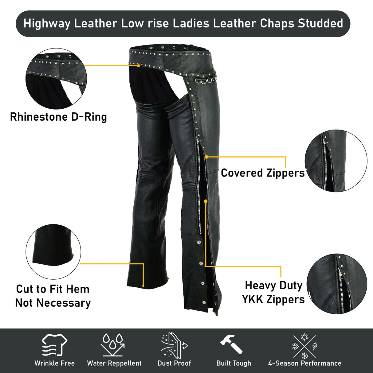 Low rise Ladies Motorcycle Leather Chaps Studded Women Biker