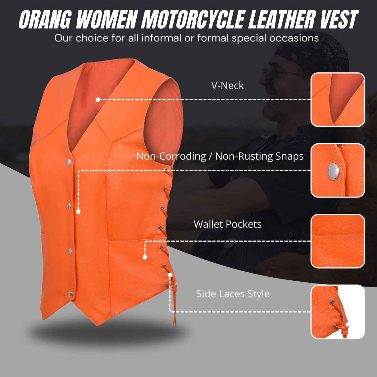 Women's Orange Motorcycle Leather Vest