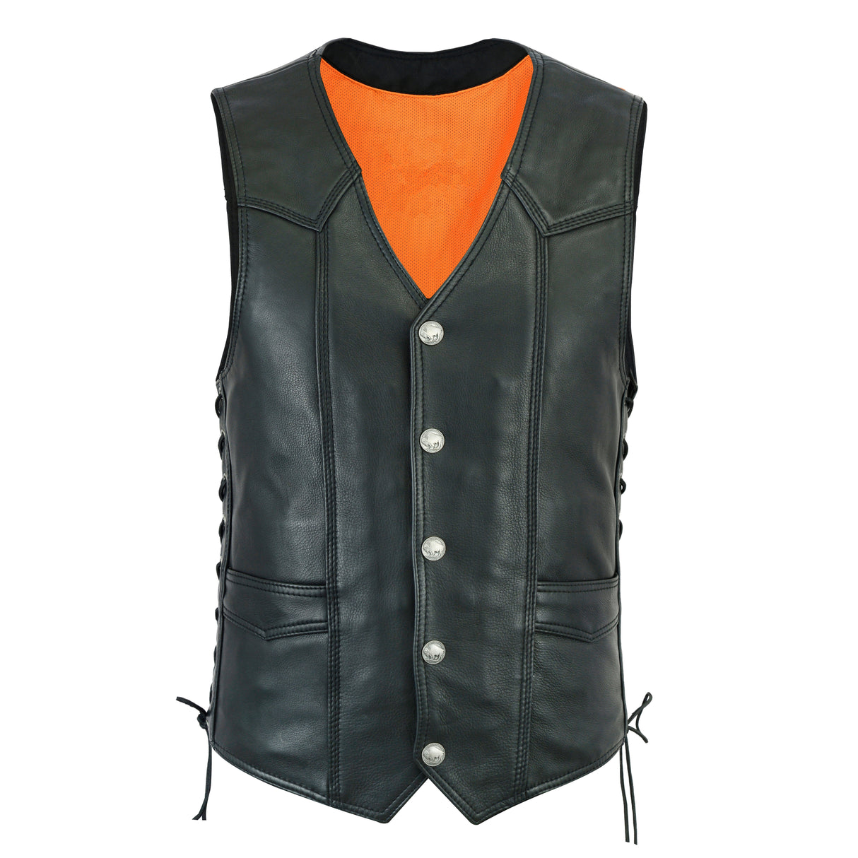 Men’s Classic Cowhide Leather Motorcycle Vest Side Lace with Gun Pockets