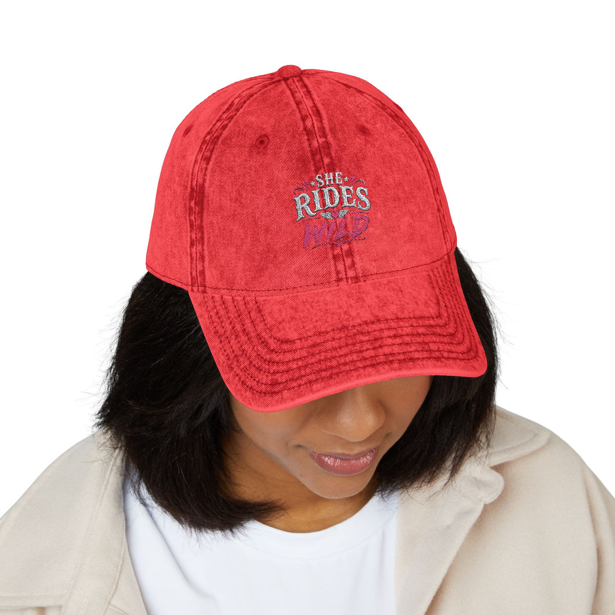 Vintage Embroidered Cap — "She Rides Wild" Retro Baseball Hat - Hats - Product View 8