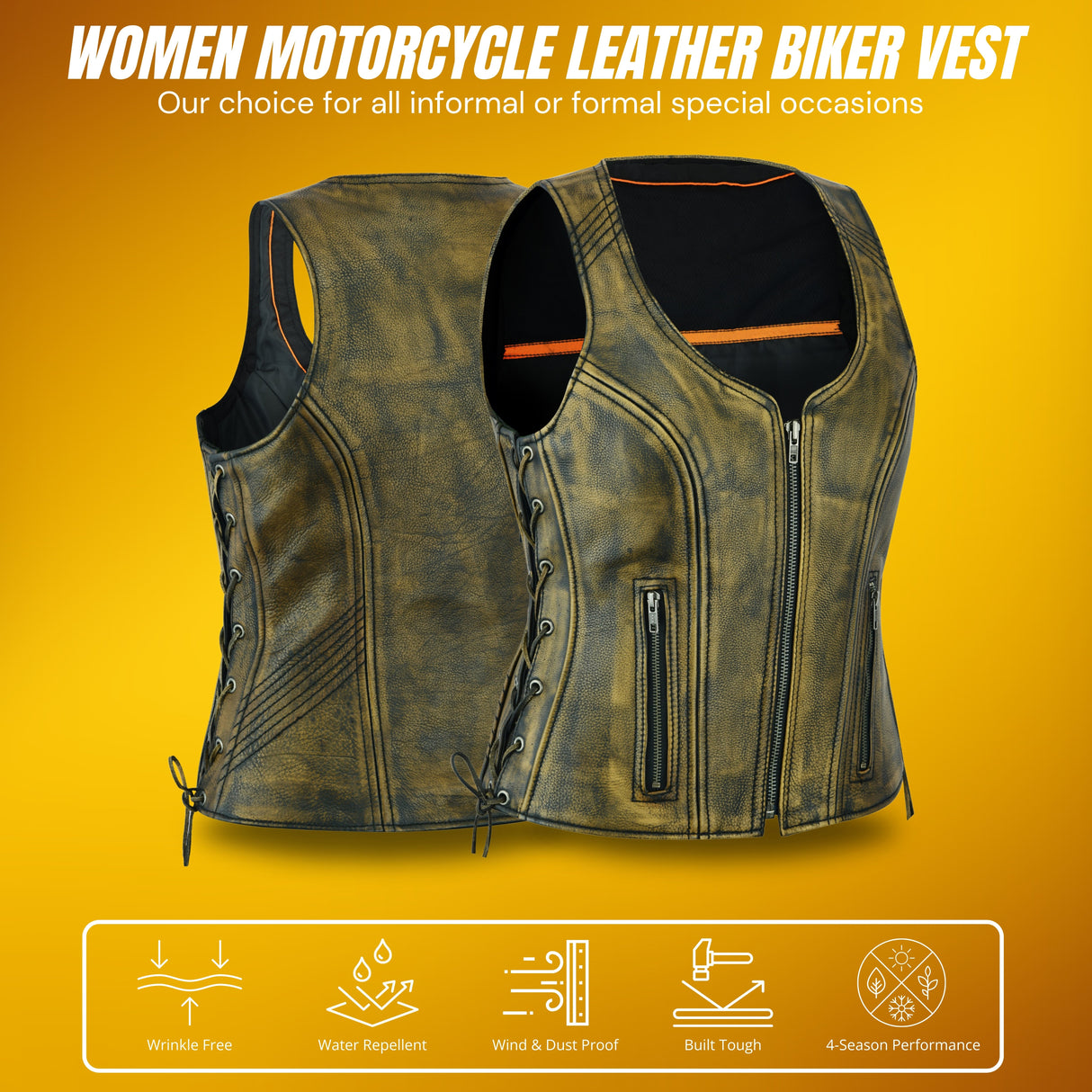 Women's Distressed Brown ‘Open Neck’ Side Laces Motorcycle Leather Vest