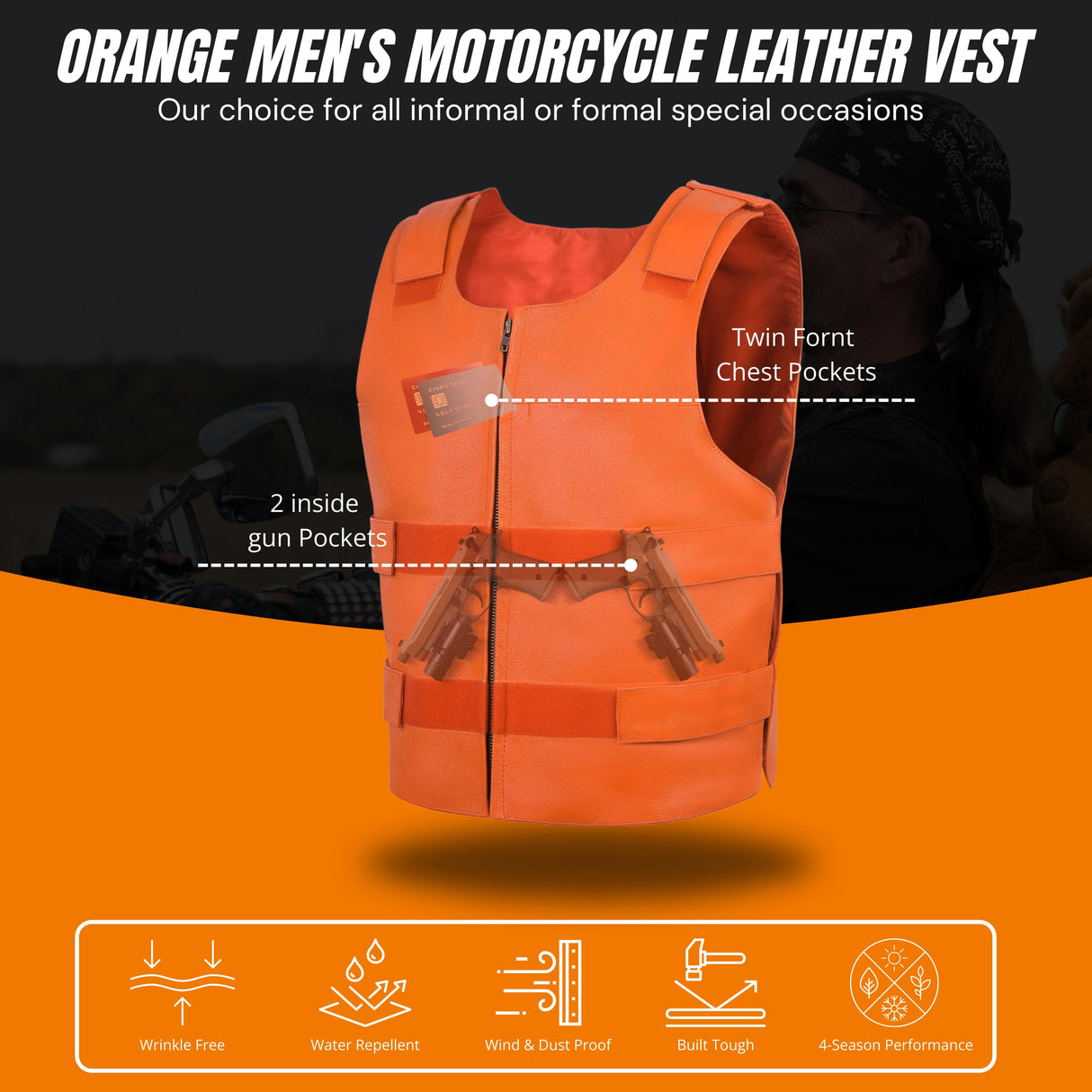Men's Orange Bulletproof Style Leather Vest – Perfect for Biker Clubs.
