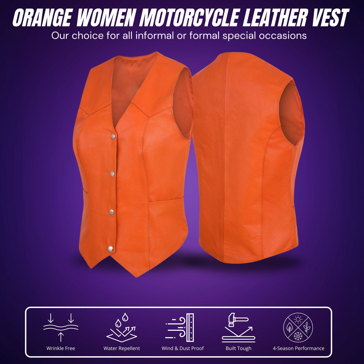 Orange women’s leather motorcycle vest set showing front and back views, sleeveless