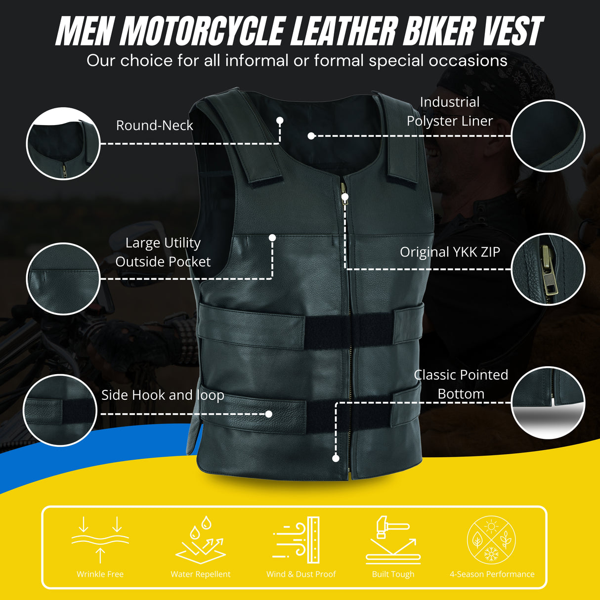 Men’s Black Bulletproof Buffalo Milled Leather motorcycle Club Tactical Biker Vest