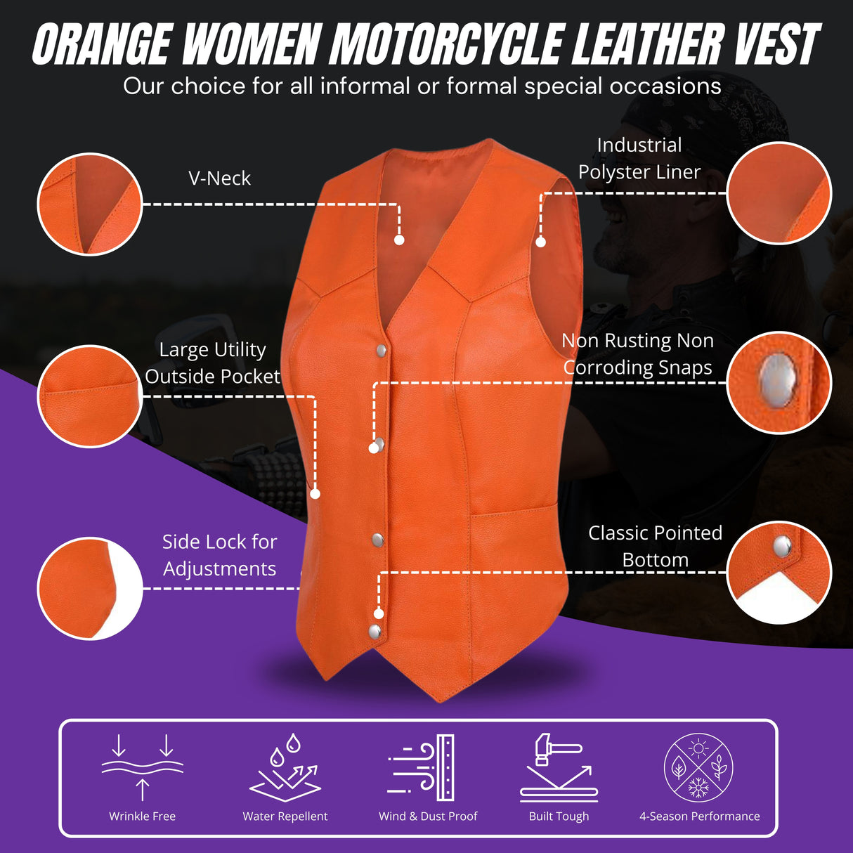 Orange women’s leather motorcycle vest with V-neck, snap front, and classic pointed bottom