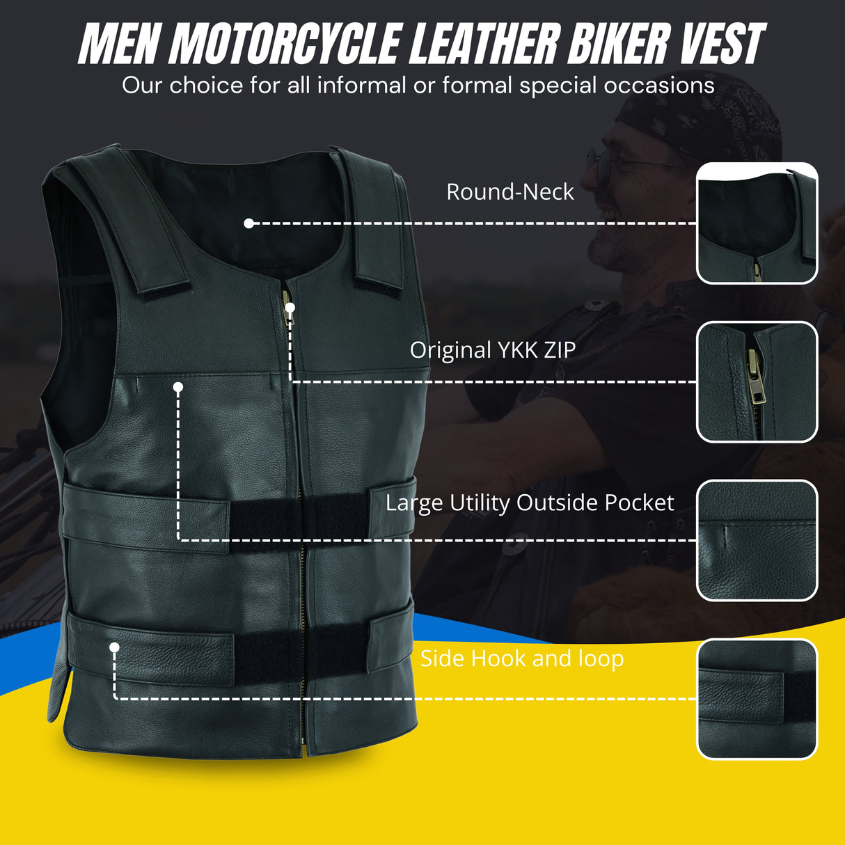 Men’s Black Bulletproof Buffalo Milled Leather motorcycle Club Tactical Biker Vest