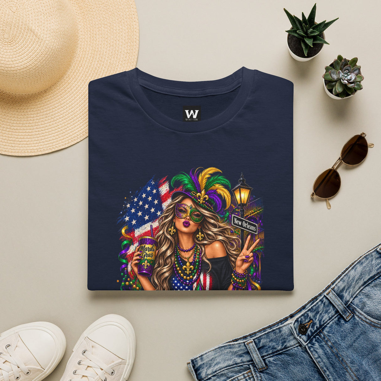 Navy T-shirt with Mardi Gras queen and American flag graphic on front
