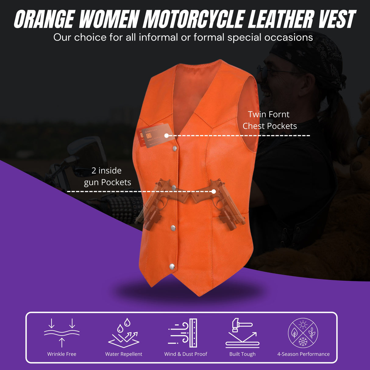 Orange women’s leather motorcycle vest with V-neck and snap-button front, pointed hem