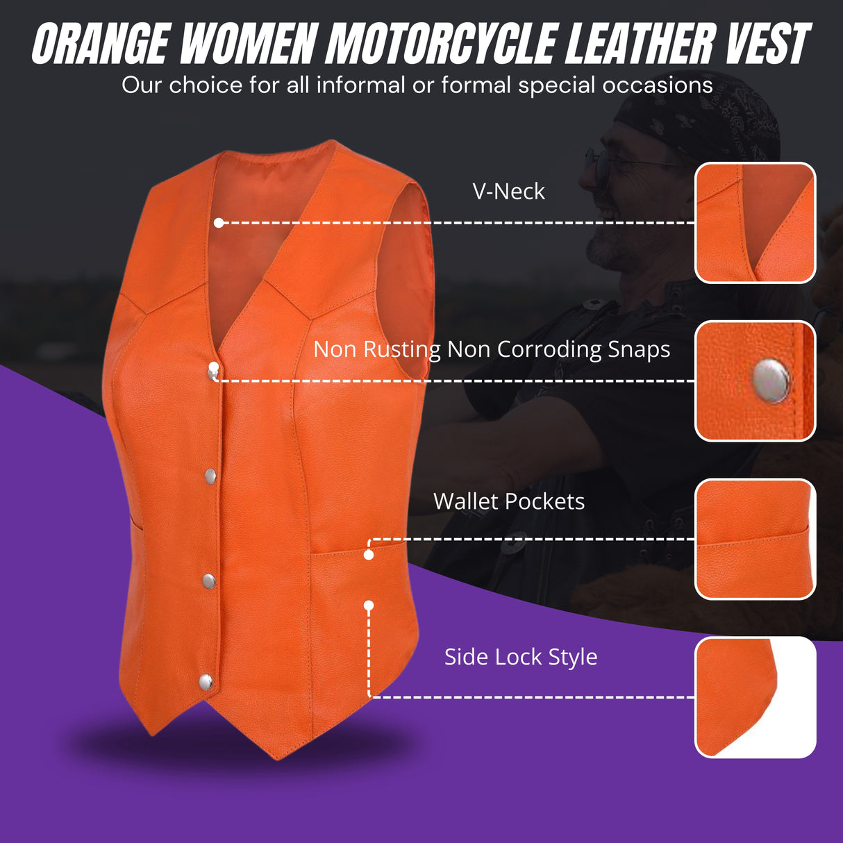 Orange women’s leather biker vest with V-neck, snap buttons, and side adjustment