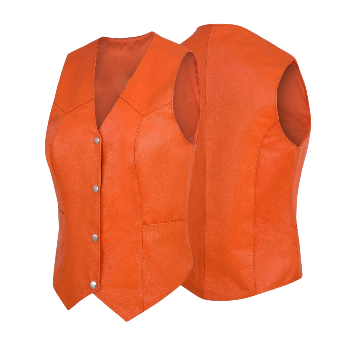 Orange women’s leather biker vest shown front and back, sleeveless with snap front