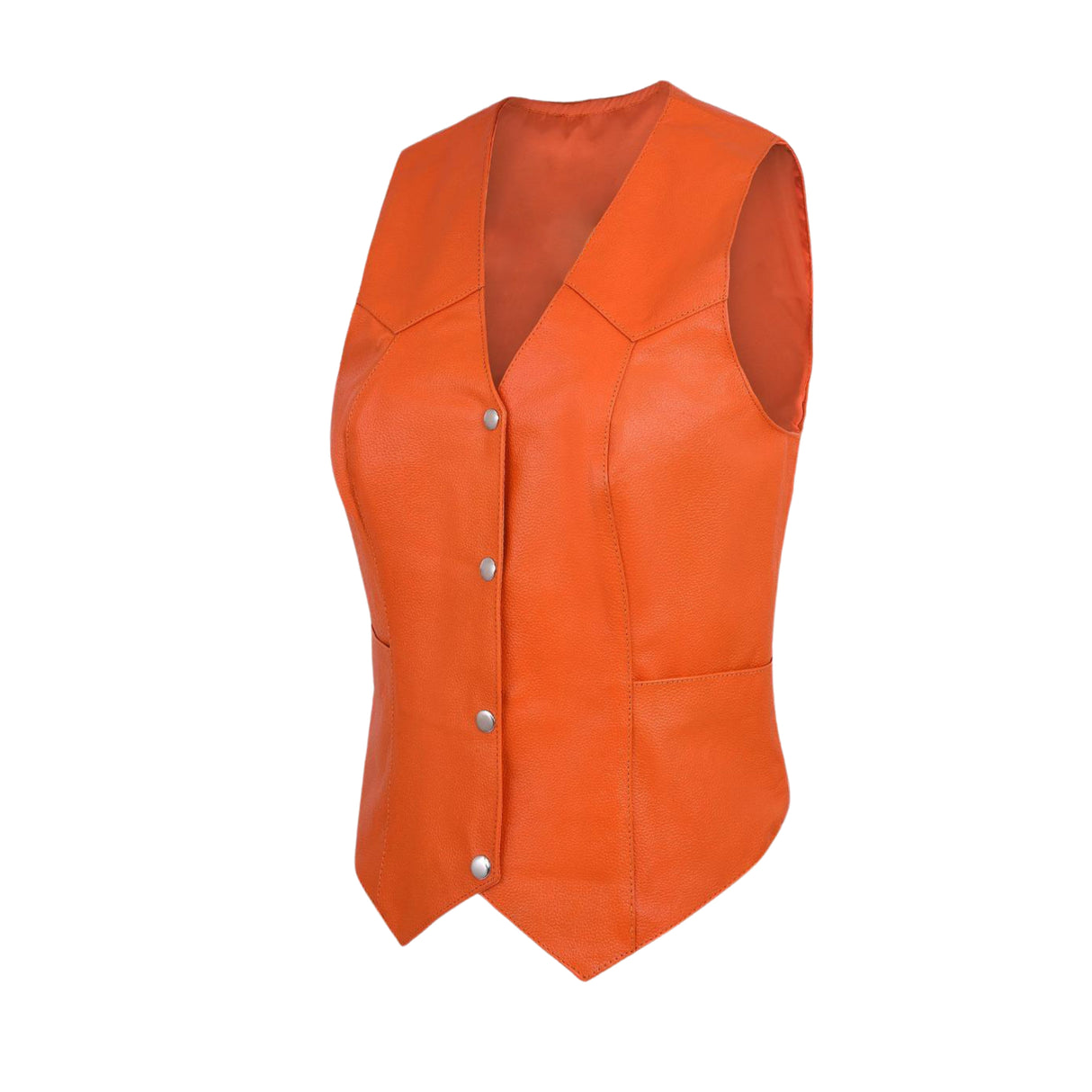 Orange women’s leather biker vest with V-neck lining and snap front, pointed hem
