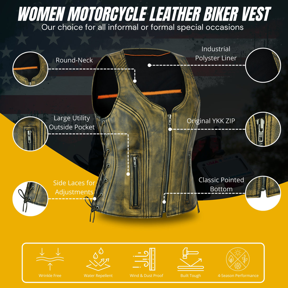 Women's Distressed Brown ‘Open Neck’ Side Laces Motorcycle Leather Vest