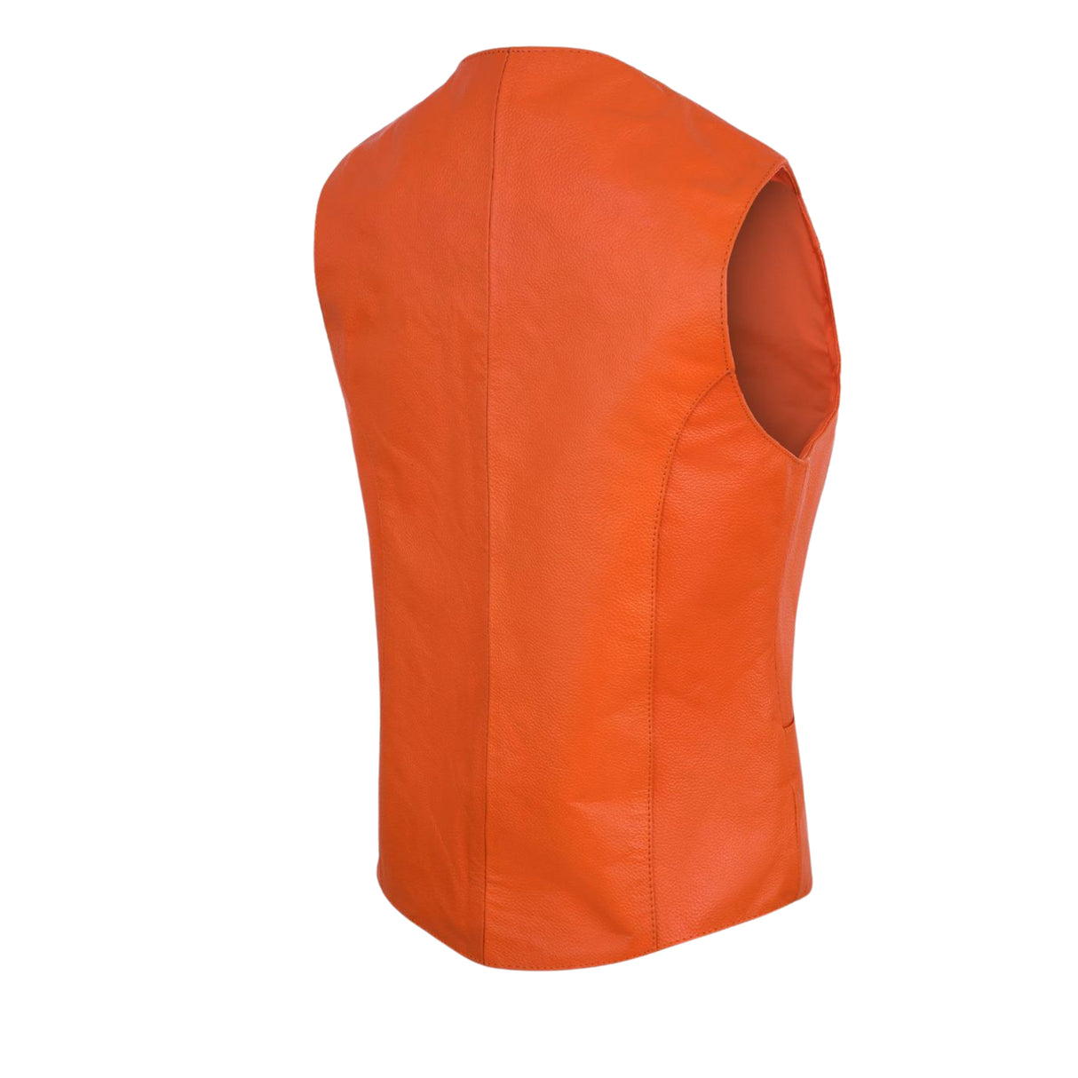 Orange women’s leather biker vest, sleeveless with curved armholes and seamed back